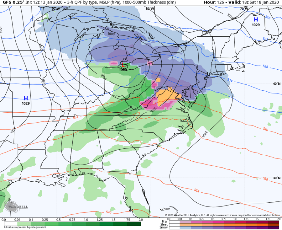 The American GFS forecast model is suggesting significant snow will fall in the northeast next weekend. Image: Weatherbell