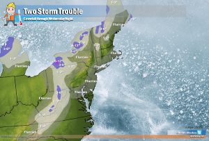 The sum of two storm systems will put down a light blanket of snow across portions of the Mid Atlantic and Northeast in the coming days. Image: Weatherboy