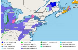 A variety of watches and warnings have been issued ahead of an expected winter storm; more are likely to be issued by the National Weather Service in the coming hours. Image: weatherboy.com