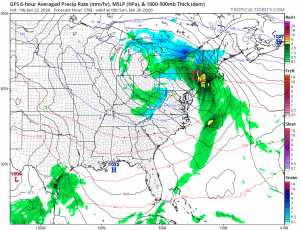 The American GFS computer forecast model is predicting more rain than snow in the east from the next weekend storm system. Image: tropicaltidbits.com