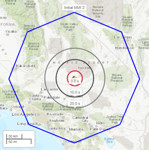 ShakeAlert initial earthquake location (black dot). Star is regional network epicenter. MMI 4 polygon is the estimated initial alert area. Red circle is front of peak shaking when the alert was released. Shaking takes 10 s to expand from circle to circle.