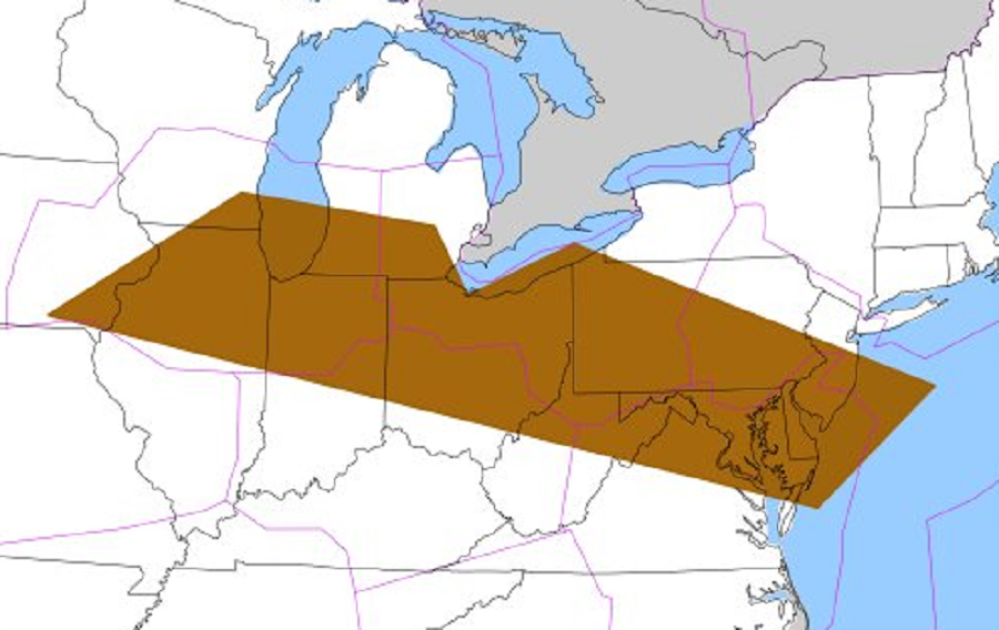 The National Weather Service has issued an alert for severe turbulence in the air in the shaded region. Image: NWS