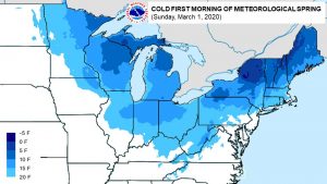 March 1 is forecast to be rather cold across portions of the Great Lakes and Northeast regions. Image: NWS