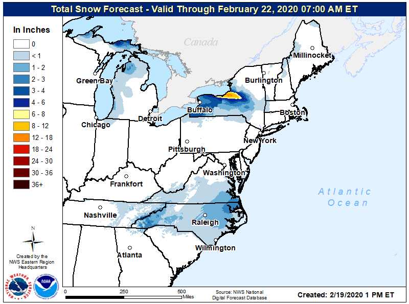 The National Weather Service is forecasting a light snowfall across portions of Virginia and North Carolina for later Thursday into Friday morning. Image: NWS