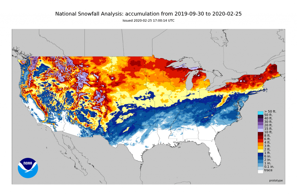 This map reflects how much snow fell this entire winter season across the Continental United States.  Image: NWS