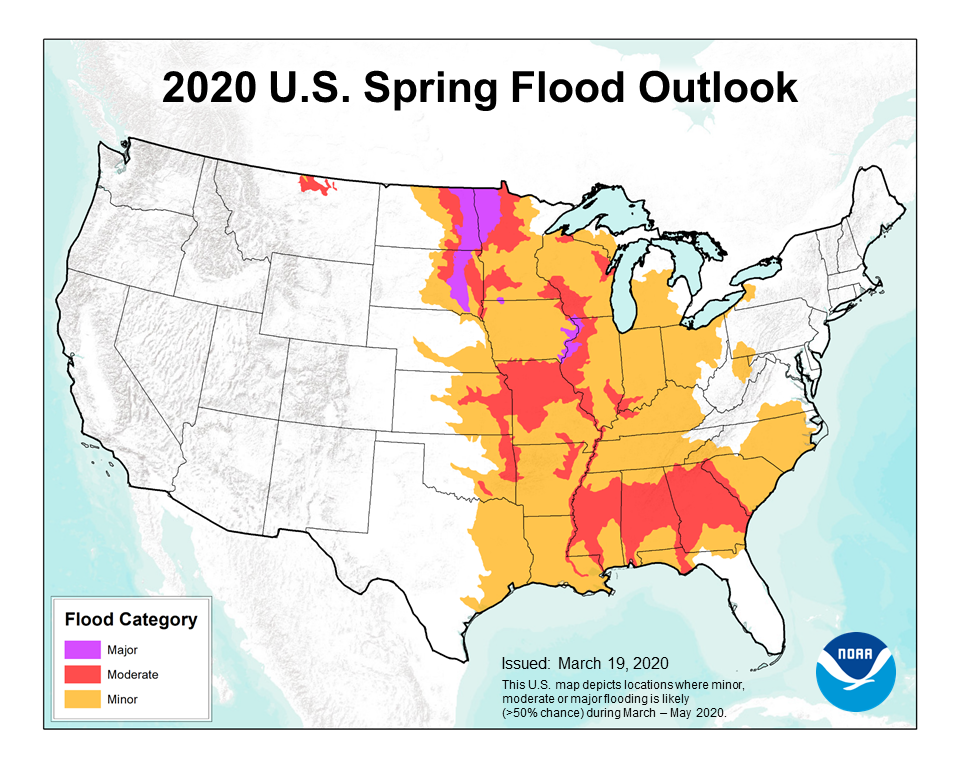 According to an outlook released by NOAA, a large part of the country could see river flooding this spring. Image: NOAA