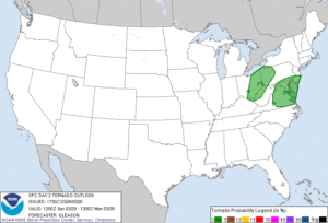 The Storm Prediction Center shows the greatest threat for tornadoes tomorrow will be over eastern Ohio and western Pennsylvania, New Jersey, Delaware, Maryland, and much of Virginia. Image: NWS