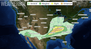 There's a heightened risk of severe weather in portions of the country today. Image: weatherboy.com
