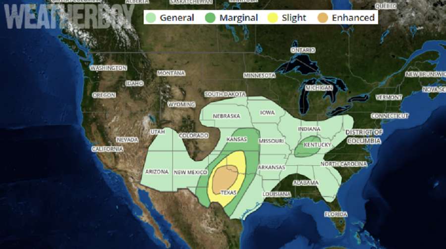 Severe weather is expected to spread on Wednesday, as this Storm Prediction Center Convective Outlook shows. Image: weatherboy.com