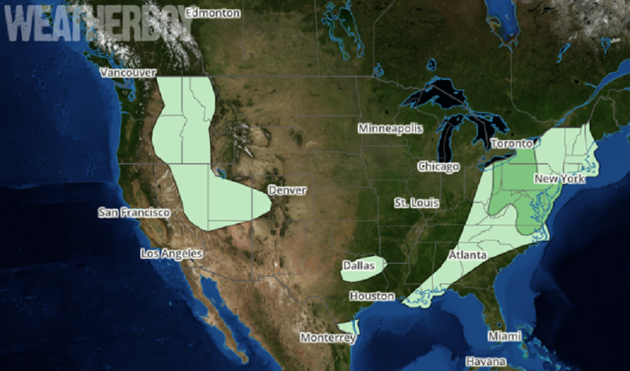 Areas in light green reflect where thunderstorms are possible; areas in darker green reflect where some thunderstorms could be severe. Image: weatherboy.com