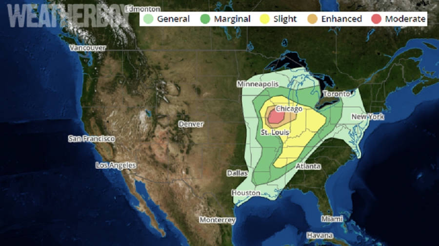 A serious threat of severe weather exists over portions of the United States on Saturday. Image: weatherboy.com