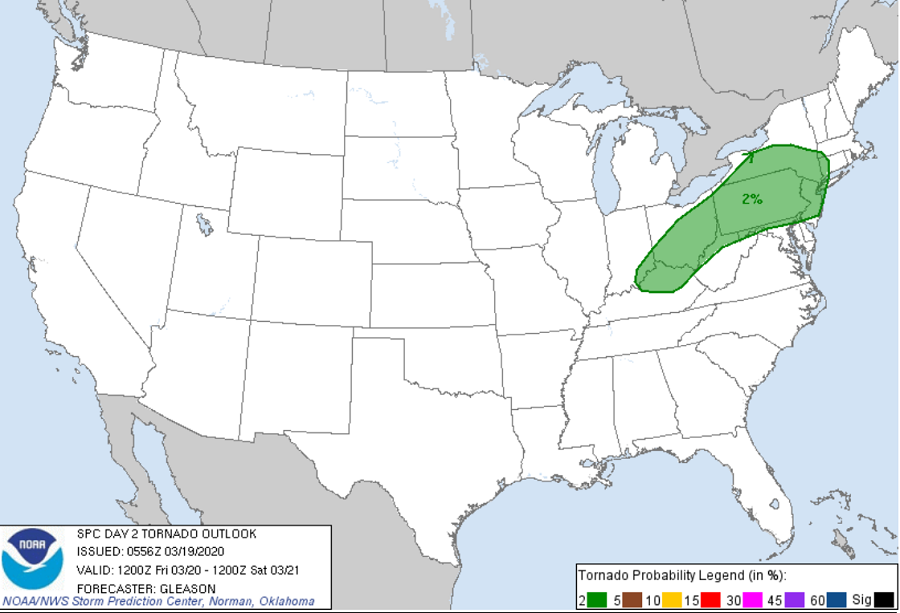 The area in green has the highest chance of tornadic thunderstorms on Friday. Image: weatherboy.com
