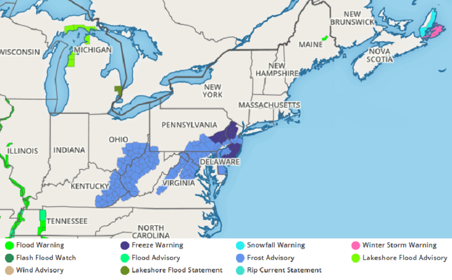 Freeze Warnings and Frost Advisories are up again tonight and tomorrow morning in parts of the East. Image: weatherboy.com