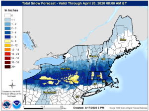Snow is expected to fall from a late-season storm in the northeast.  Image: NWS