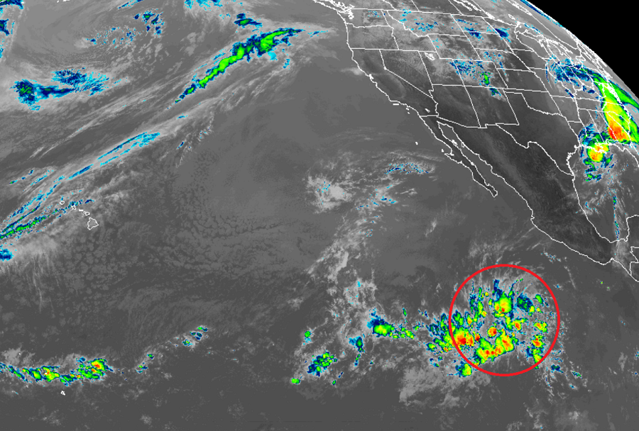This view from the GOES-West weather satellite shows the area of concern in the eastern Pacific. Image: NOAA