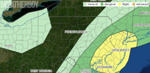 The National Weather Service believes the best chance for severe thunderstorms and isolated tornadoes today will be over the New York City and Philadelphia metro area, most of New Jersey and Delaware, eastern Pennsylvania, and northeastern Maryland. Image: weatherboy.com