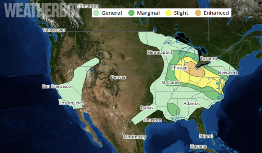 Today's Convective Outlook shows where the greatest threat of severe thunderstorms are today. While there's a chance of thunderstorms anywhere in the green shaded area, the darker green, yellow, and orange areas each have higher risks of severe weather. Image: weatherboy.com