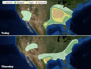 The convective outlook released by the National Weather Service Storm Prediction Center shows a chance for severe thunderstorms in darker green (top, today; bottom, tomorrow), with areas in yellow and orange indicative of an even more substantial threat. Image: weatherboy.com