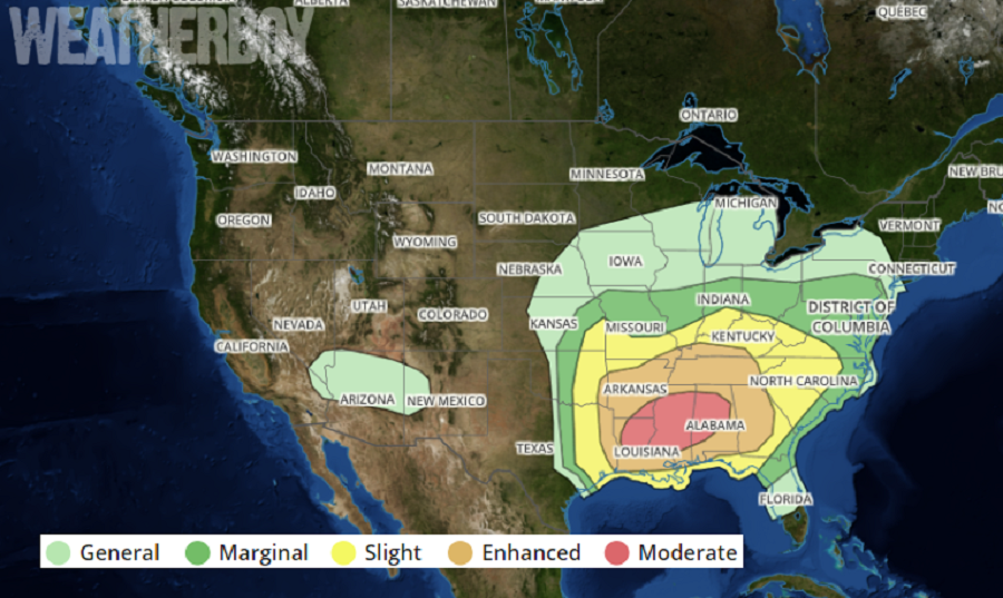 Thunderstorms are possible in any of the shaded areas; the greatest threat of the most severe storms is in the orange and red area. Image: weatherboy.com