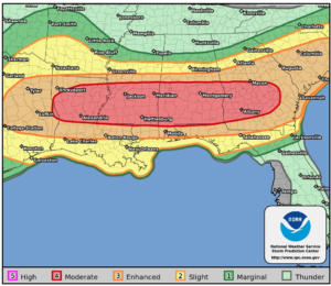 The area in red highlights where the greatest threat of severe weather is today and tonight. Image: NWS