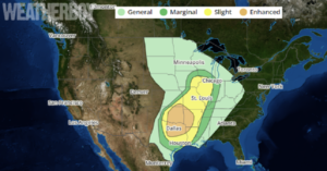 Tomorrow, the greatest severe weather threat will be over portions of Texas, Oklahoma, Arkansas, and Louisiana. This area will shift east throughout the week. Image: weatherboy.com