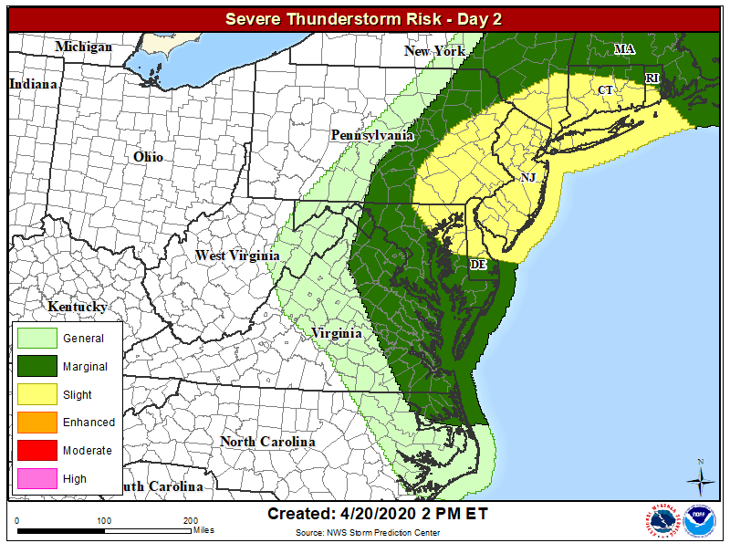 Severe weather is most likely in the yellow area on Tuesday. Image: NWS