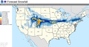 Substantial snow will fall over the Rockies and portions of the Midwest, with Denver looking at a significant snowfall. Image: NWS