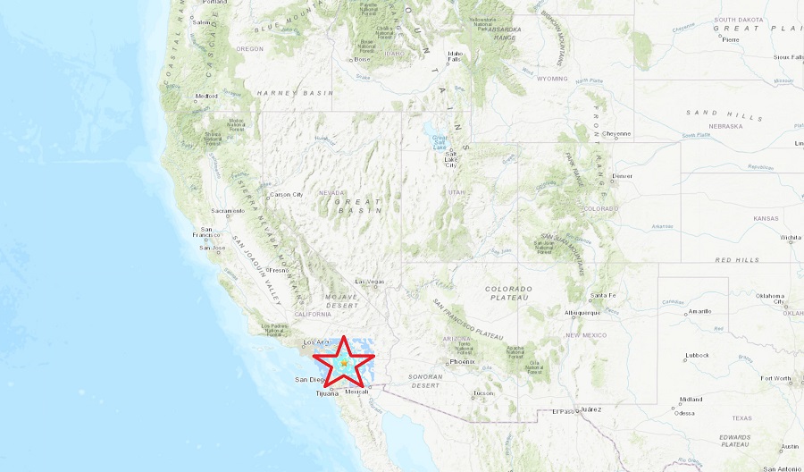 Tonight's series of earthquakes kicked-off with a 4.9 east of San Diego. Image: USGS