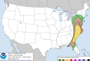 A threat of tornadoes will exist along a large part of the U.S. East Coast on Monday. Image: NWS