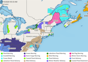 A variety of warnings are up in the northeast today for everything from heavy snow to strong winds. Image: weatherboy.com