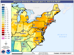Hurricane force wind gusts are possible in portions of New Jersey, Delaware, Connecticut, Maryland, Rhode Island, and Massachusetts today.  Image: NWS