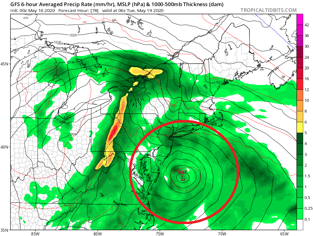 By late Monday night, there could be a tropical storm bringing soaking rains and gusty winds to portions of the Mid Atlantic, as this American GFS computer model forecast illustrates. Image: tropicaltidbits.com