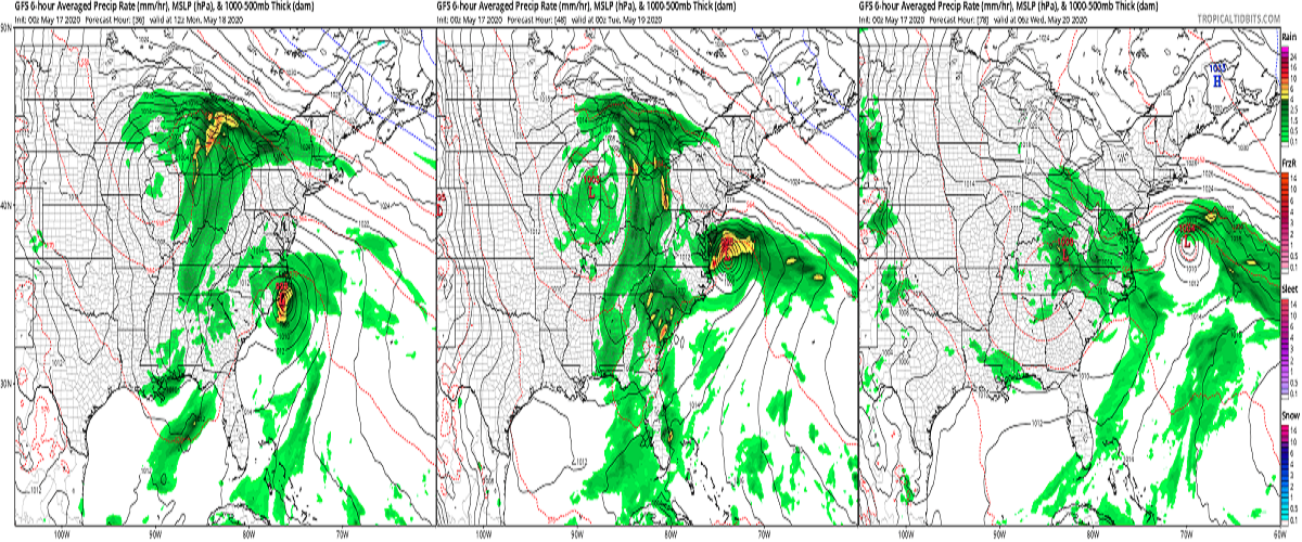 The latest American GFS computer forecast guidance shows how an area of low pressure moving into the Ohio Valley will help deflect Tropical Storm Arthur out to sea after a close-call with eastern North Carolina. Image: tropicaltidbits.com