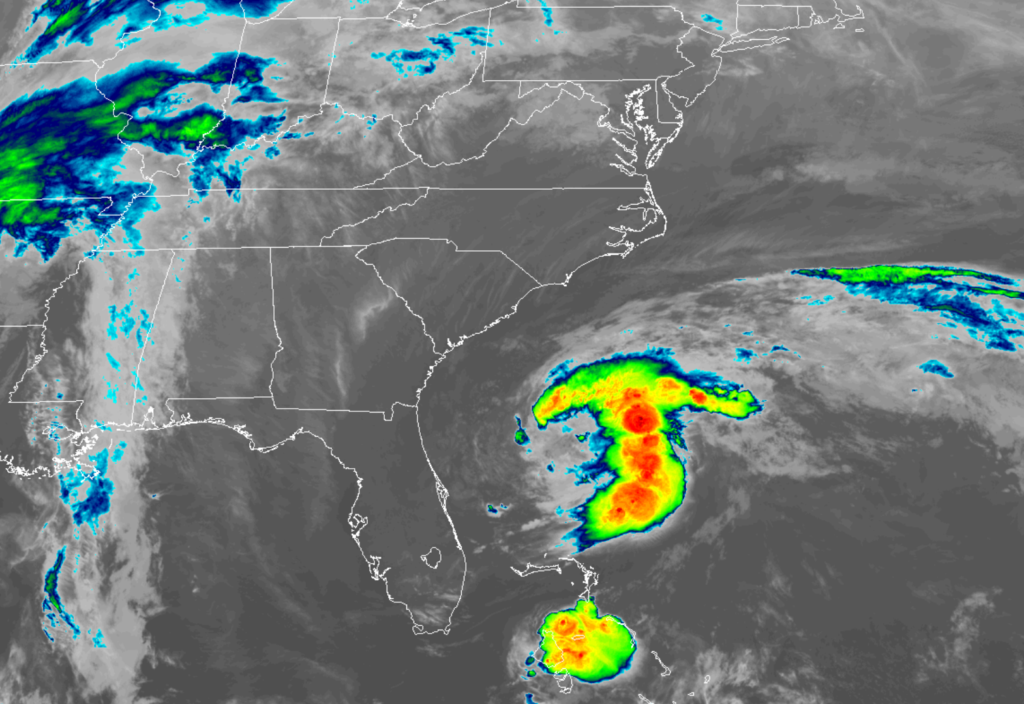 Latest satellite view of Tropical Storm Arthur off of the southeast U.S. coast. Image: NOAA