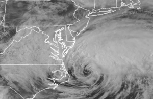 The latest visible satellite image from the GOES-East weather satellite shows Arthur spinning about due south of New York City. Image: NOAA