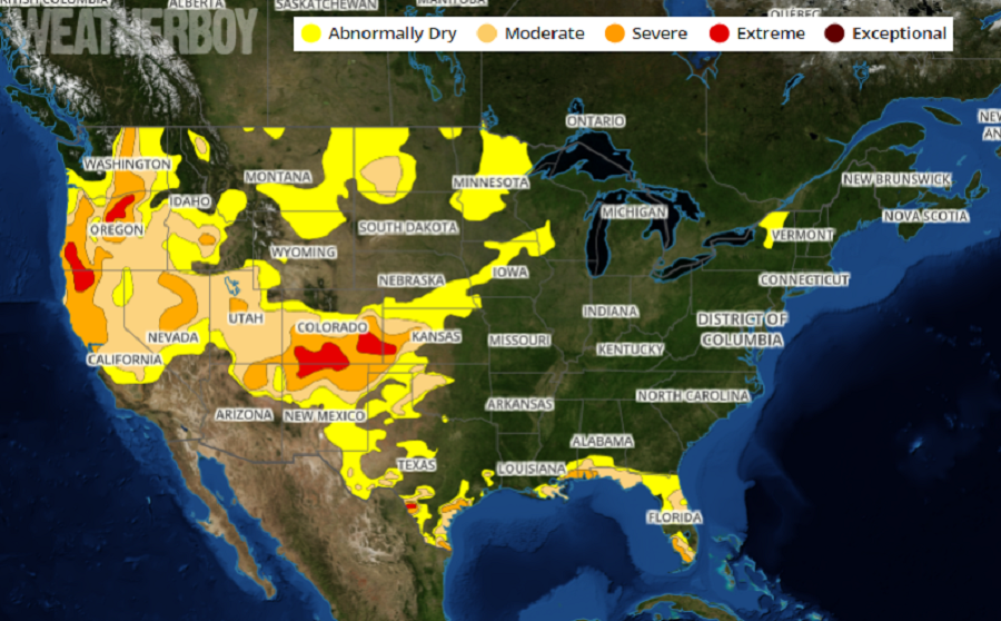 The latest Drought Monitor map reflects increasing coverage of dry and drought conditions around the United States. Image: weatherboy.com
