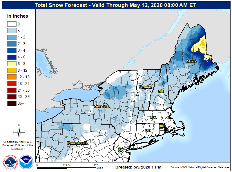 Light snow will fall throughout the northeast today into tomorrow morning, with additional heavy snow likely over Maine. Portions of Maine may have total accumulations of a foot or more. Image: NWS