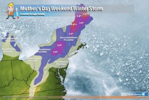 While snowflakes could fly across a broad area of the northeast, they'll struggle to accumulate. While a light, short-lasting dusting is possible for some in interior New England and the higher terrain of Pennsylvania and West Virginia, accumulations of consequence will be limited to pockets in New York, Pennsylvania, Vermont, New Hampshire, and Maine. Portions of Maine and New Hampshire's highest peaks could see significant snow in excess of 5". Image: weatherboy.com