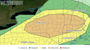 The latest Convective Outlook from the Storm Prediction Center shows the best chances for severe weather today are in the orange and yellow areas of the northeast. Image: weatherboy.com