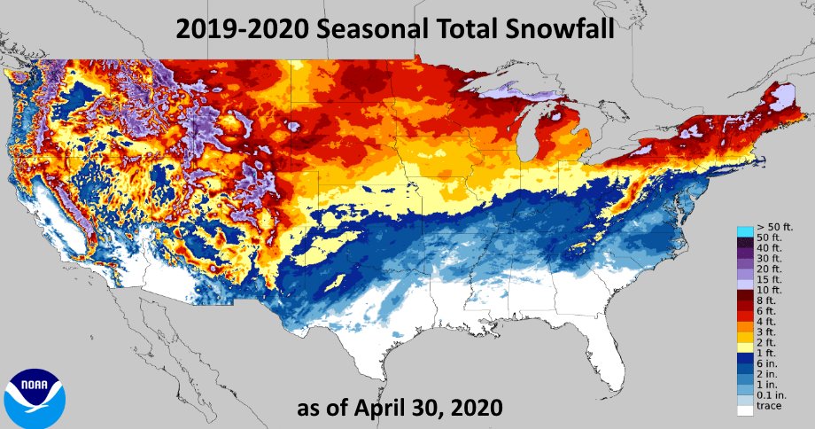 The National Weather Service has compiled seasonal snow totals for the winter of 2019-2020 ending yesterday. Image: NWS