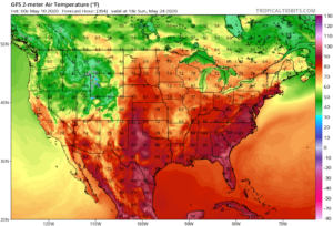 The latest American GFS computer forecast model suggests temperatures as warm as the low 90's may slide as far north as New Jersey in the next 2 weeks. Image: tropicaltidbits.com
