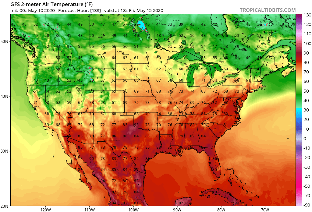 Warmer temperatures will surge north throughout the week, with temperatures near 80 reaching as far north as Philadelphia by Friday. Image: tropicaltidbits.com