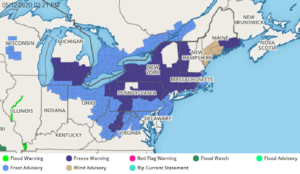 Freeze Warnings and Frost Advisories are up again for a large area of the country. Image: weatherboy.com