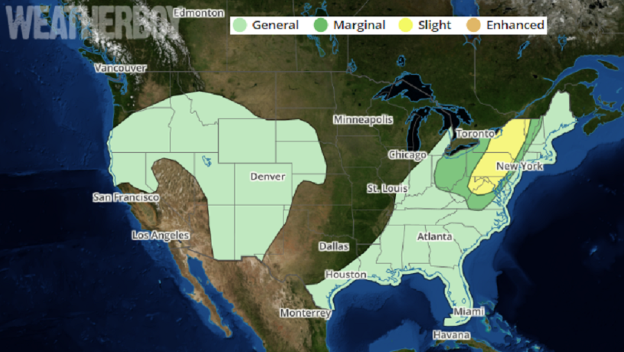 In the latest Convective Outlook, light green shows where thunderstorms and thundershowers are possible. Dark green reflects where severe thunderstoms are possible while yellow shows an increased threat area of severe storms. Image: weatherboy.com