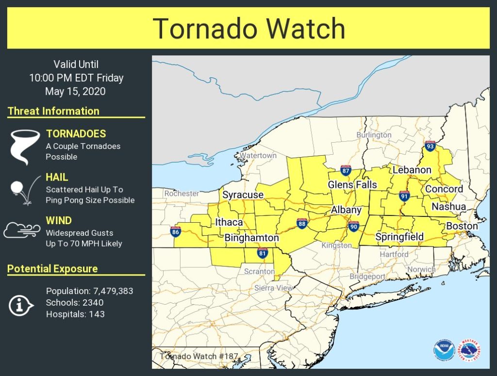 A Tornado Watch has been issued for the area in yellow.  Image: NWS