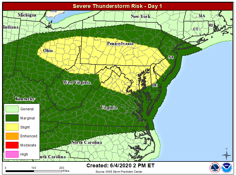 While the dark green area could see severe thunderstorms today, the best chances will be within the yellow zone. Image: NWS