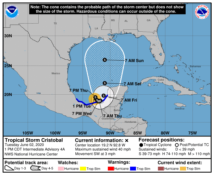 Tropical Depression #3 was upgraded to Tropical Storm Cristobal. Image: NHC