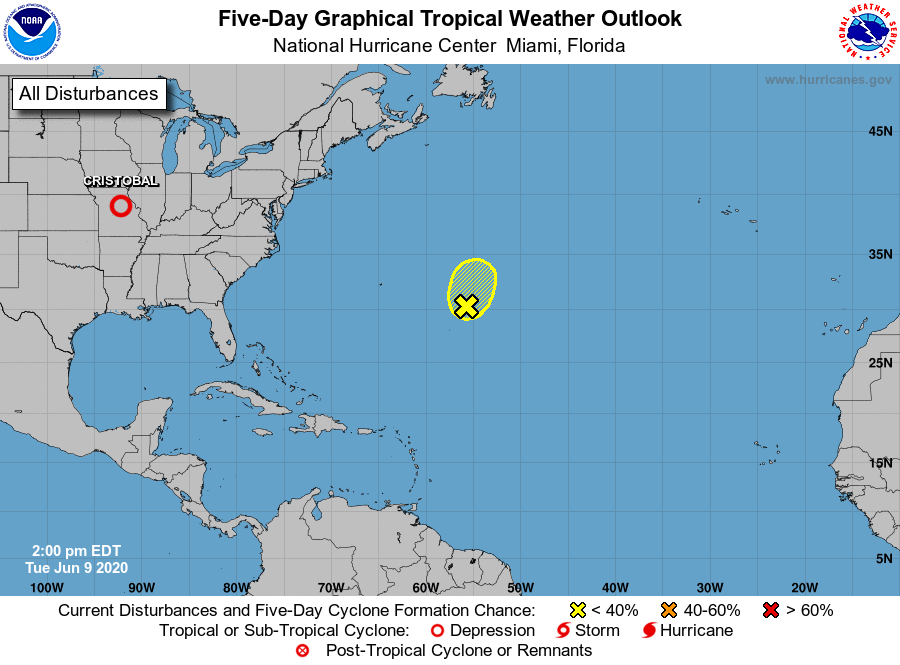 While Cristobal heads to the Great Lakes, there's little tropical cyclone activity in the Atlantic Basin. Image: NHC