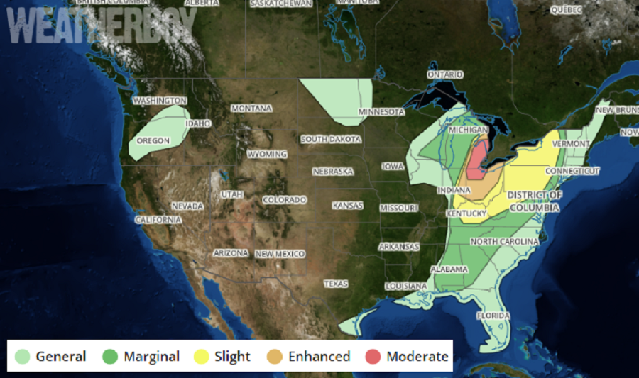 Severe storms will persist around portions of the Great Lakes today with an elevated risk of tornadoes for Michigan and Ohio. Image: weatherboy.com