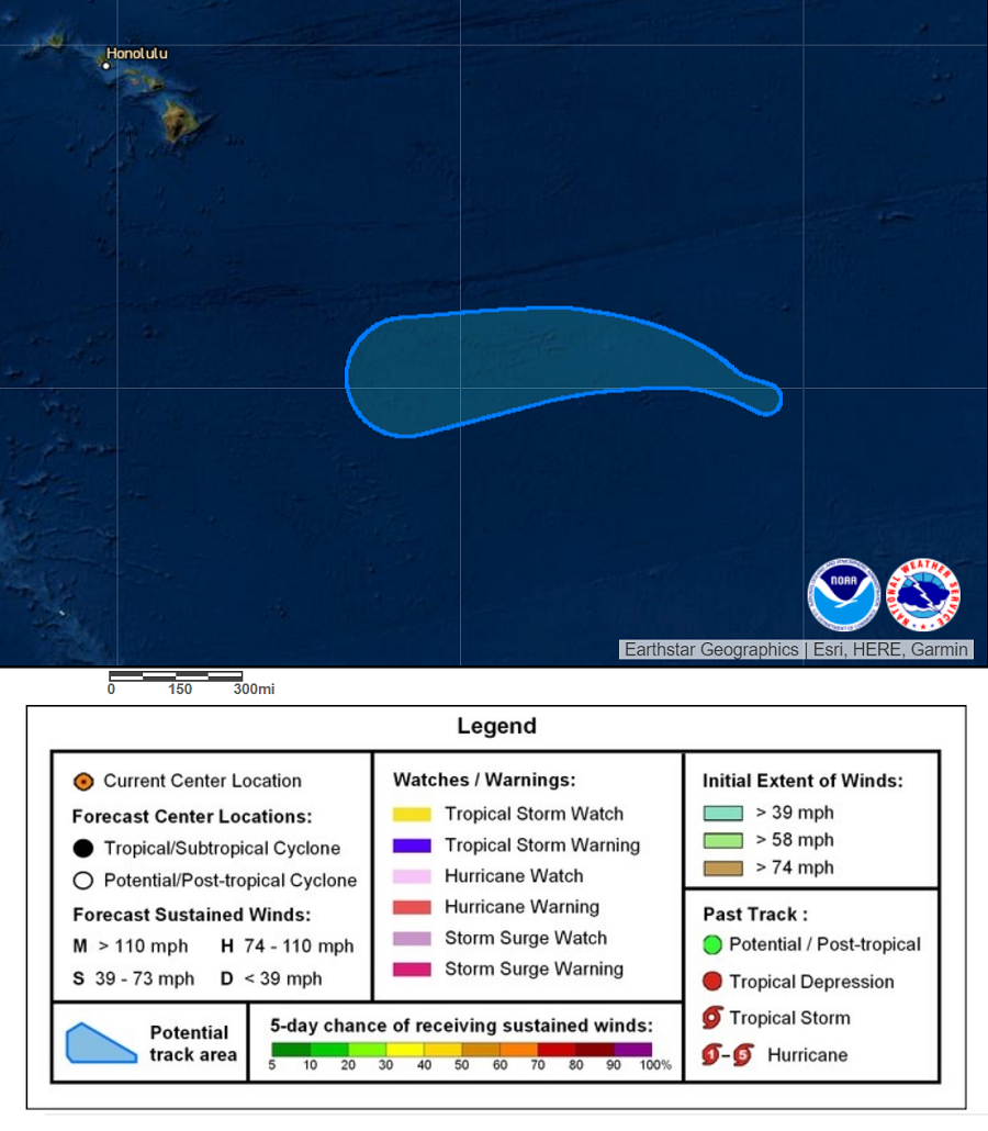 The latest forecast cone keeps the tropical cyclone well south of Hawaii.  Image: NHC
